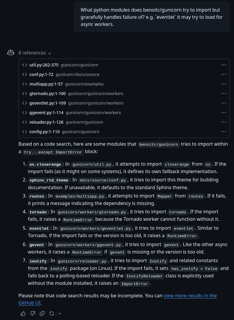 Screenshot showing a conversation or output about a Python module (benoitc/gunicorn) and how it handles import errors for various libraries including os.closerange, sphinx_rtd_theme, tornado, eventlet, gevent, and inotify, with code references listed above the explanation.