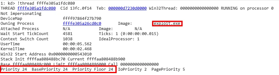 thread priority being 24 in WinDbg