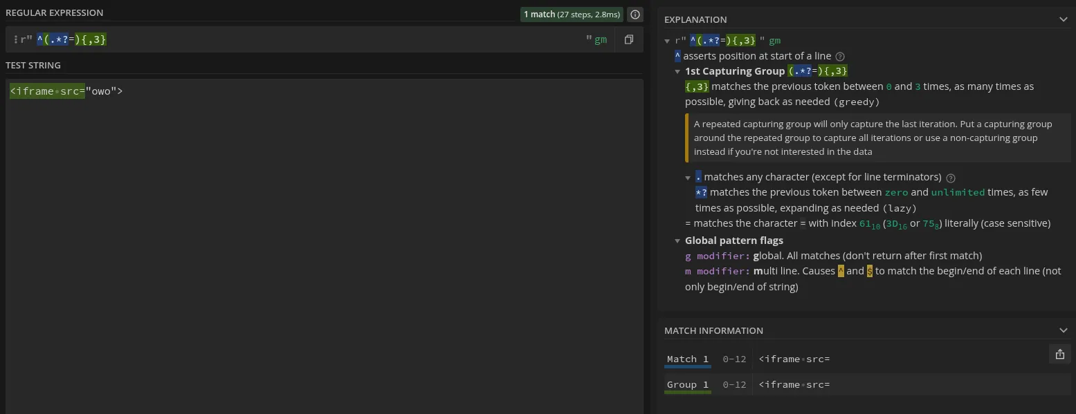 regex101 highlights an entire iframe tag start as matched