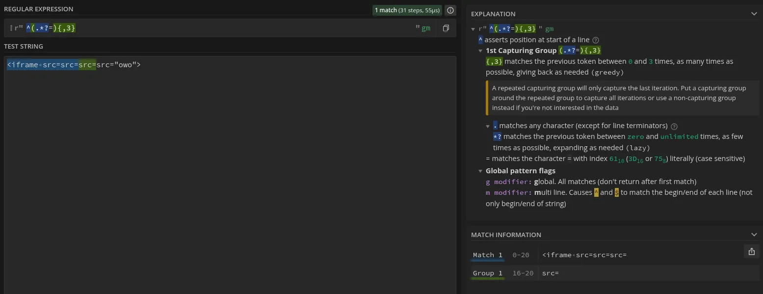 regex101 highlights src= 3 times and then doesn't highlight the 4th instance
