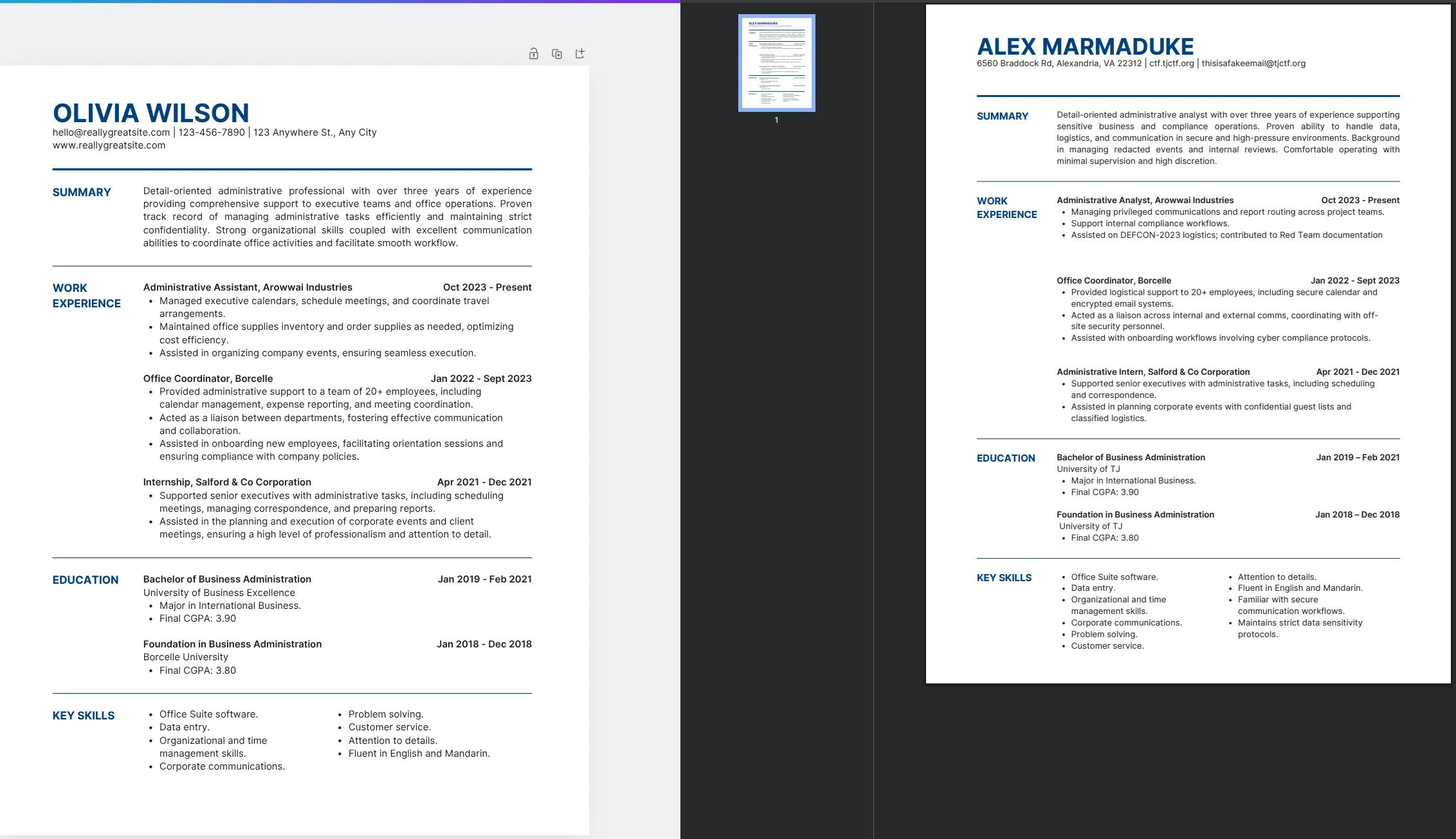the resume template in Canva (right) vs the exported resume from the chal (left)