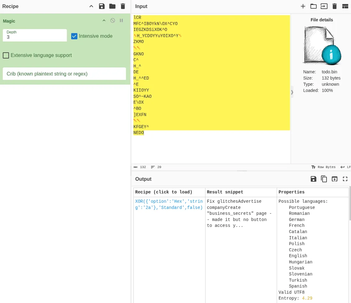 CyberChef magic correctly guessing XOR encrypption